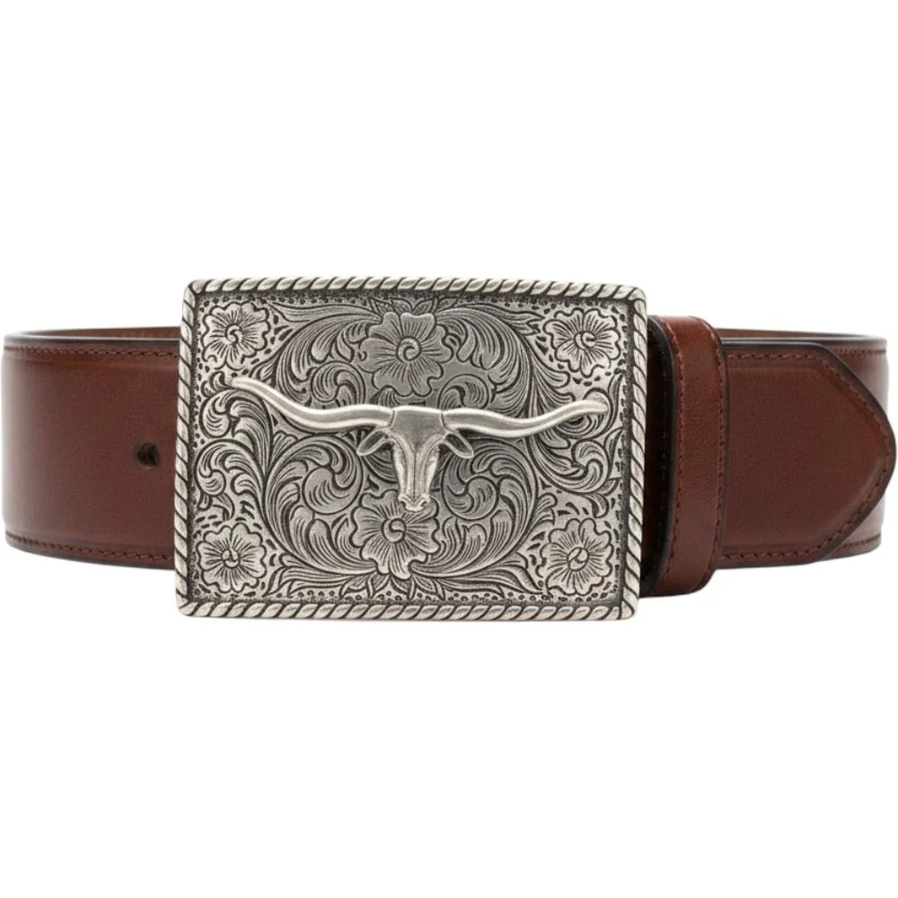 Nocona Mens Brown Tooled Leather Western Longhorn Trophy Buckle Belt 30 1150